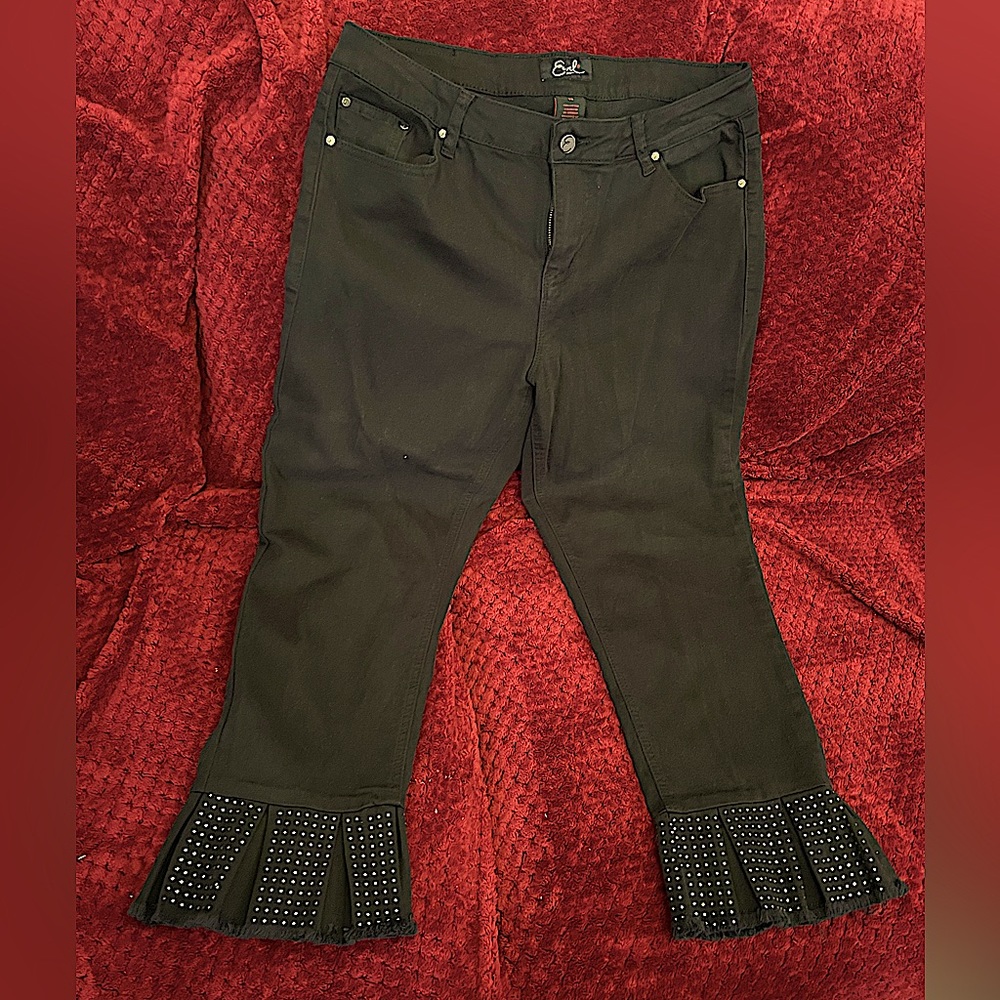 Black Rhinestone Jeweled Cuff Earl Jeans Denim Capris